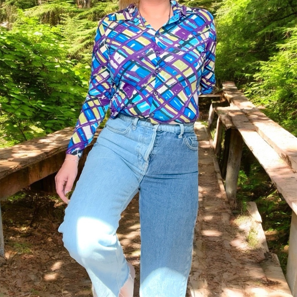 VTG Rich Birds Colorful Geometric Stretchy Button Down Top Long Sleeves Y2K - Picture 2 of 12
